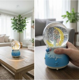 Resim Pilli Işıklı Müzikli Kar Küresi-hilal Ay Figürlü Romantik Biblo, Led Aydınlatmalı Kar Küresi 