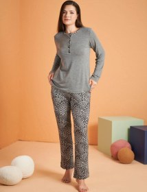 Resim Pjs Kadın Likralı Viskon 4 Mevsim Kumaş Leoparlı Uzun Kollu Pijama Takım gri 
