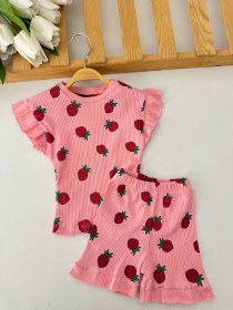 Resim Kız Çocuk Pembe Çilek Desenli Şortlu Takım 