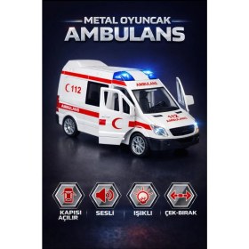 Resim Brother Toys Metal Çek Bırak Özellikli Sesli Işıklı Ambulans Minibüs Kapıları Açılabilir 