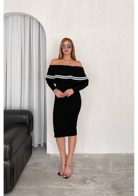 Resim Dip Moda Kadın Carmen Yaka Çizgi Detaylı Triko Elbise Dpnbk2192 Siyah 