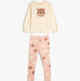 Resim Kız Bebek Pamuklu Pijama Takımı Kaplan Baskılı Uzun Kollu Tişört ve Beli Lastikli Pijama Altı 2 Parça 