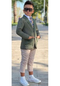 Resim Riccotarz Erkek Çocuk Klasik Gömlek Kravatlı Kapitone Yeşil Mont Slim Pantolon Kesim Pantolon Alt Üst Takım Yeşil 
