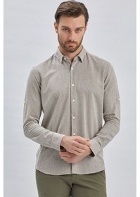 Resim Koyu Kahverengi Kısalabilir Kollu Armürlü Biritli Yaka Casual Slim Fit Dar Kesim Gömlek 1004240202-koyu Kahverengi 