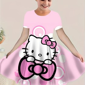 Resim Sanrio Hello Kitty Gençlerin Yazlık Elbisesi - Sevimli Pembe Karikatür Baskılı Kısa Kollu, Kızlar için Eğlenceli ve Rahat Anime Tarzı, Yumuşak Kumaş, İlkbahar/Yaz için Mükemmel, Oynak Çocuk Elbisesi | Eğlenceli Kız Giyim | Nefes Alabilen Kumaş, Hello Kitty Elbise 