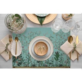 Resim Adawall Turkuaz Çiçek Detaylı Kumaş Amerikan Servis 4'lü Set Çok Renkli 