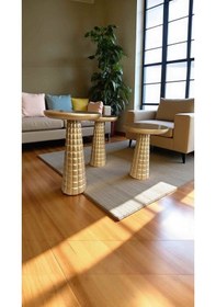 Resim Altın Varak Renk Ahşap Mantar Sehpa Seti 3 Lü Şık Yan Sehpa Takımı Altın 