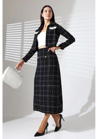 Resim Mois Atelier Siyah Tüvit Uzun Kol Crop Ceket Gold Düğme Detaylı Midi Kalem Etek Takım Tesettür Siyah 