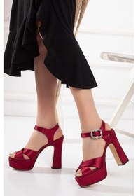Resim Platformlu Saten Taşlı Bordo Kadın Topuklu Abiye Ayakkabı-1160-Bordo Ten Rengi 