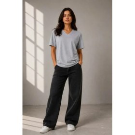 Resim Passense V Yaka Basic Tişört Kısa Kol Yazlık Regular Fit T-Shirt - Gri 