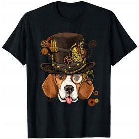 Resim Steampunk Beagle Köpek Steampunk Severler Tişörtü Siyah 