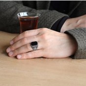 Resim İpek Silver 925 Ayar Gümüş Nokta İşlemeli Tuğra Motifli Siyah Onıks Taşlı Erkek Yüzük 