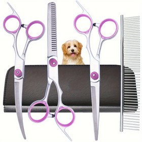 Resim 1 Set Profesyonel 5'i 1 Arada Sağ El Kullanımı İçin Köpek Bakım Makası Seti, Kavisli Makas, Paslanmaz Çelik Tarak, Köpek ve Kediler İçin Evcil Hayvan Tüy Kesme Aletleri 