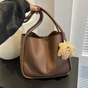 Resim 1 Adet Kadın Vintage Tote Çanta - Büyük Kapasiteli Retro El Çantası Manyetik Kapatma & Peluş Kolye Süsü, Haki/Kahverengi Beyaz/Siyah, Dayanıklı Hafif PU İşe Gidiş-Geliş, Alışveriş, Seyahat İçin - Öğrenciler için, Günlük Kullanım, Minimalist Tasarım, Astarlı Yapı 