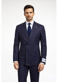 Resim Fabıo Cassel Lacivert Çizgili Kruvaze Erkek Takım Elbise Slim Fit Lacivert 