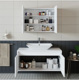 Resim ROOMART Banos Banyo Lavabolu Mat Beyaz Mdf 100cm Banyo Dolap+aynalı Banyo Üst Dolap 