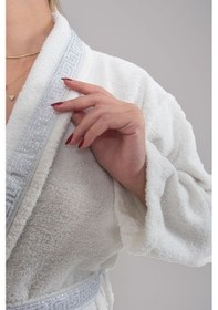 Resim Güvenal Valentis Desenli İşlemeli Kutulu Kadın Erkek Pamuk Bornoz Sabahlık Seti Çeyiz Hediyelik 2 Gri 