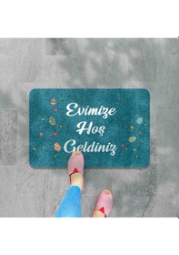 Resim Dijital Baskılı Kapı Önü Paspas Hoşgeldiniz Yazılı Çiçek Desen Ve Tavşan Iç Ve Dış Kapı Yıkanabilir Gold 