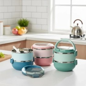 Resim Paslanmaz Çelik 2 Katlı Yemek Termosu, 1.4 Lt Çelik ve Plastik Dış Yüzey, Beslenme Kabı, Öğle Yemeği Kutusu, Çatal Kaşık Bölmeli, Isı Koruyucu, Sızdırmaz, Okul, Ofis, Piknik Için Ideal (Mavi) 