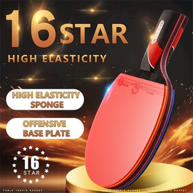 Resim Profesyonel 16 Yıldızlı Karbon Fiber Ping Pong Raketi Seti, Uzun/Kısa Saplar, Kılıf & Toplar, Kırmızı 