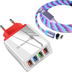 Resim Judas A6 Çoklu Şarj Adaptörü + Ios Magnetic Akan LED Işıklı Şarj Kablosu - 1 mt 