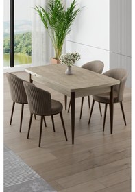 Resim Canisa Asfel Serisi Mdf 77x130 Traverten Yandan Açılabilir Mutfak Masası Takımı 4 Cappucino Sandalye Traverten Masa Cappucino Sandakye 