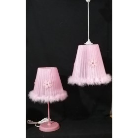 Resim Woodhub Pembe Kız Çocuk Odası Bebek Odası Pembe Tüylü Papatya Peluş Avize Abajur Seti E27 1 Kumaş 