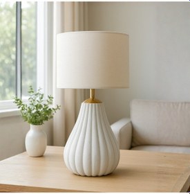 Resim Velora Gold Detaylı Açık Gri Gövde Krem Başlık Dekoratif Abajur Açık Gri 