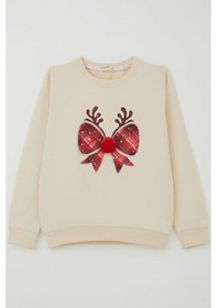 Resim Breeze Kız Çocuk Sweatshirt Ponponlu Yılbaşı Kurdeleli 6-12 Yaş, Krem Krem 