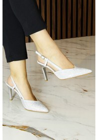 Resim Erkan Saçmacı Sacha Exclusive Gümüş Krep Taşlı Arkası Açık Sivri Burun İnce Topuklu Abiye Ayakkabı Gümüş 