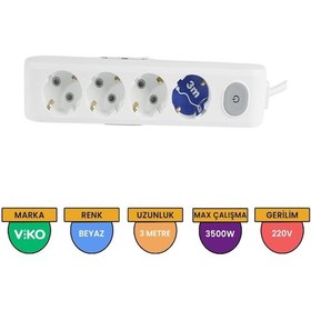 Resim Viko Multi-let 4'lü Grup Priz Anahtarlı Topraklı Çocuk Korumalı 3 Metre Beyaz - 90117403 