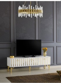 Resim 180 CM DUBAİ METAL AYAK-MDF MEBRAN KAPAK TV SEHPASI BEYAZ - GOLD 