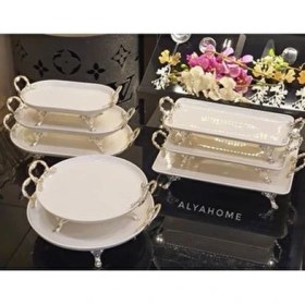 Resim Alya Home Gümüş Desenli 8 Parça Kulplu Porselen Servis Seti Elde Yıkanabilir Şık Tasarım 