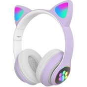 Resim SPRANGE Kedi Figürlü Işıklı Bluetooth Kulaklık Kulak Üstü Mikrofonlu IOS Ve Android Uyumlu s-t-n-28 stn28 