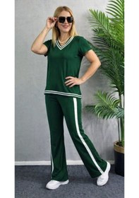 Resim Efnaz Style Kadın Kısa Kollu V Yakalı Viskon Iki Iplik Bluz Ve Pantolon Ikili Takım Yeşil 