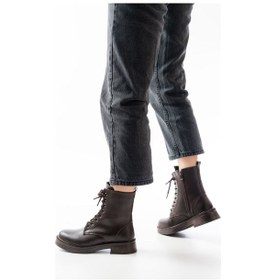 Resim 02-356 Kahve Düz Topuklu Bağcıklı Fermuarlı Günlük Kadın Bot Acı Kahverengi 