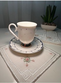 Resim Rokoko El İşlemesi Kahve Sunumluk Peçetesi Keten 6 Parça Beyaz - Krem 