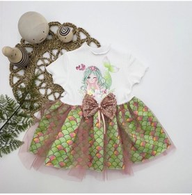 Resim 1-2-3 Yaş Denizkızı Baskılı Pul Desen Etekli Kız Bebek Elbisesi Ekru Ekru 