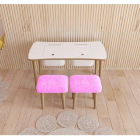 Resim Fahrettin Küçük Montessori Çocuk Masası Oyun Masası Aktivite Masası Çalışma Masası - 2 Adet Welsoft Pembe Puflu 