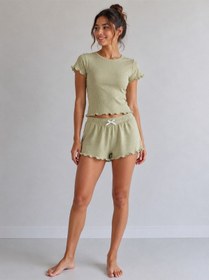 Resim Kadın %60 Bambu %40 Cotton Likralı Fırfır Detaylı Pijama Takımı İspanyol Paça Rahat Kalıp Şort + Toka 4'lü Set Ada Çayı Yeşili 