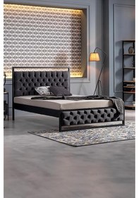 Resim Mithra Çift Kişilik Metal Siyah Ahşap Latalı Karyola 