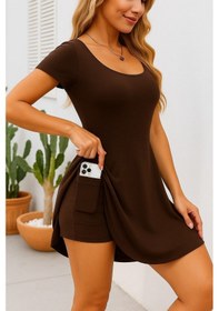 Resim Efnaz Style Kadın Kısa Kollu Kare Yaka Short Detaylı Cepli Dalgıç Elbise Kahve 