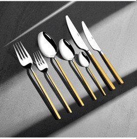 Resim Nehir Gloria Altın Sade 12 Kişilik 84 Parça Kutulu Çatal Kaşık Bıçak Takımı Altın - Beyaz 