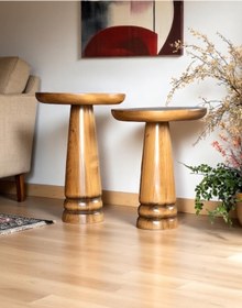 Resim AYLESA Doğal Ahşap 2’li Set Mantar Yan Sehpa Modern Fiskos Zigon Çiçeklik 