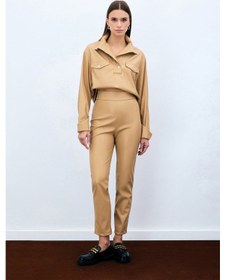 Resim Sateen Yüksek Bel Deri Pantolon - Bej-135288 Bej 