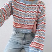 Resim Kadınlar İçin Retro Kazak - Mavi/Kırmızı/Beyaz Renkli, Uzun Kollu Kırpık Üst, Sonbahar/Kışlık Günlük ve Resmi Giyim için Şeffaf Olmayan Kazak, Rahat Kışlık Moda, Elde Yıkama Tavsiye Edilir 