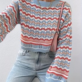 Resim Kadınlar İçin Retro Kazak - Mavi/Kırmızı/Beyaz Renkli, Uzun Kollu Kırpık Üst, Sonbahar/Kışlık Günlük ve Resmi Giyim için Şeffaf Olmayan Kazak, Rahat Kışlık Moda, Elde Yıkama Tavsiye Edilir 