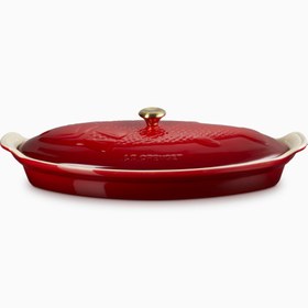 Resim Kapaklı Seramik Balık Pişirme Kabı, 34 cm - Kırmızı 