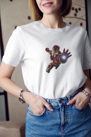 Resim Kio Tasarım Kadın Beyaz Marvel Iron Man Tony Stark Karakter Baskılı Pamuk Tişört 
