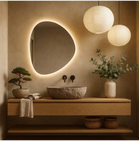 Resim 70x81 Cm Modern Asimetrik Led Li Banyo Aynası Dokunmatik, Dimmerli, 3000k Günışığı Sarı 